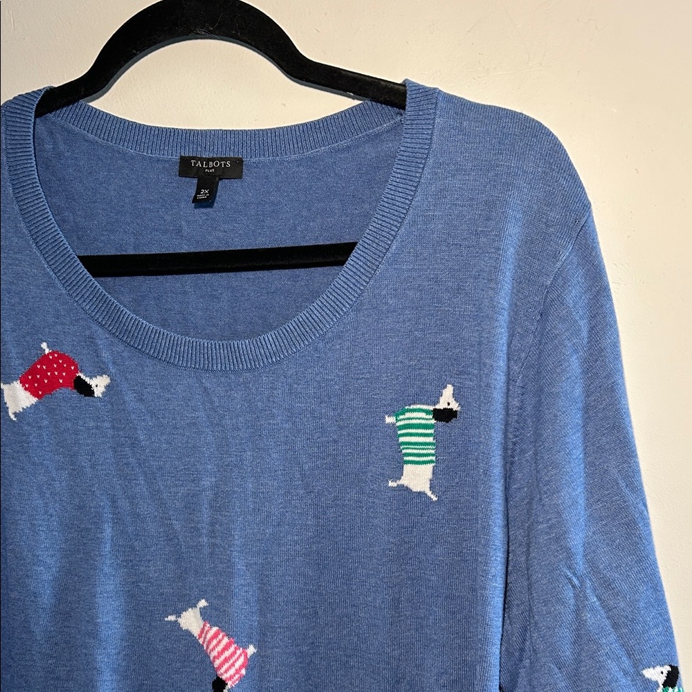 Talbots, Woman’s Size 2X Blue Sweatshirt with Colorful Dog Motifs - Picture 3 of 7